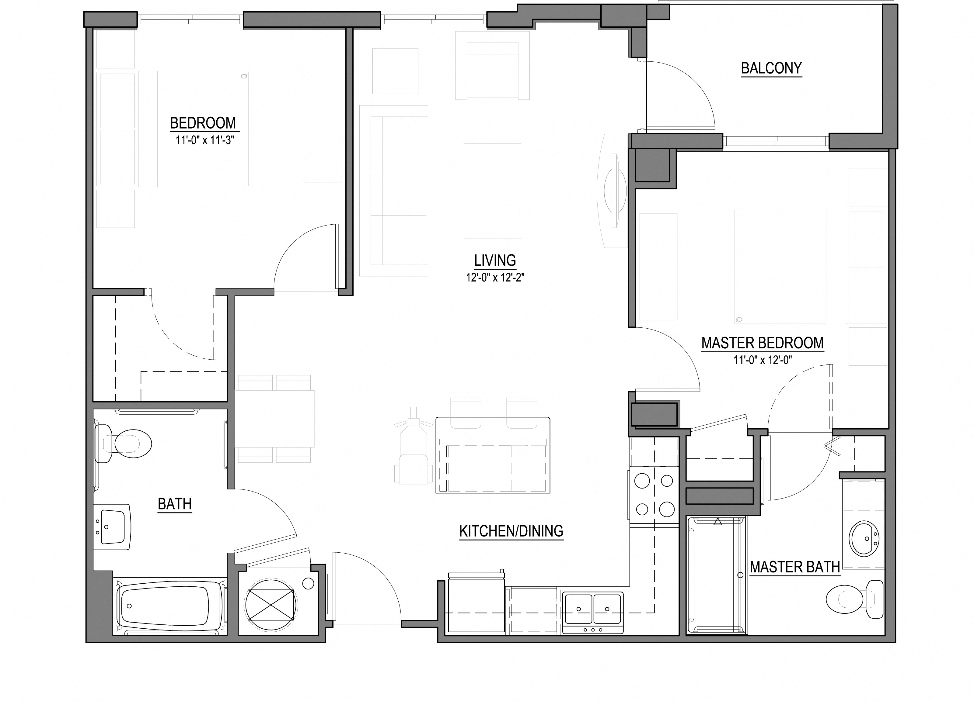 Floor plan for 2 beds, 2 baths, 995 sqft